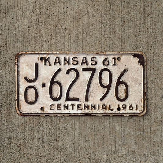 Photo of a 1961 Kansas License Plate Auto Tag Garage Decor Vintage JO 62796 with original patina