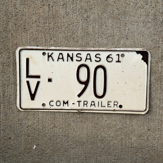 Photo of a 1961 Kansas Trailer License Plate Auto Tag Garage Decor Vintage LV 90 with original patina