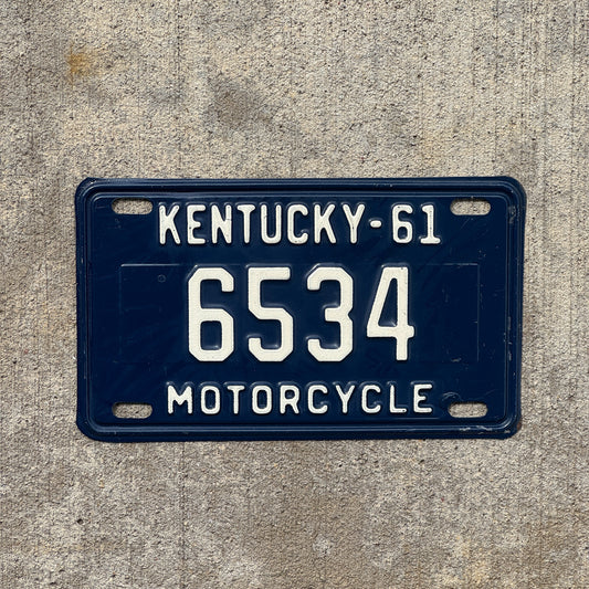 Photo of a 1961 Kentucky Motorcycle License Plate Auto Tag Garage Decor Vintage 6534 with original patina