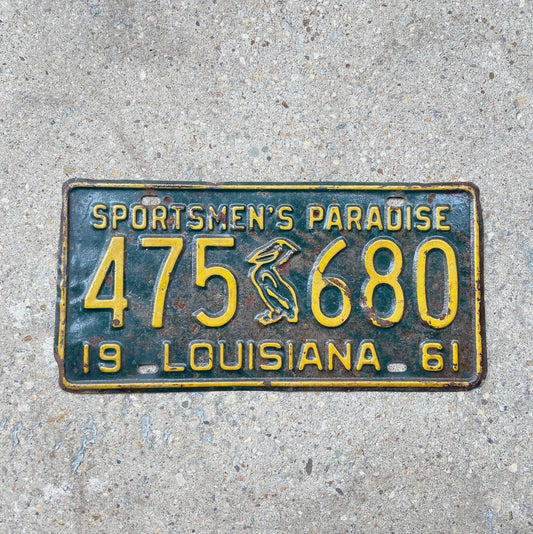 Photo of a 1961 Louisiana License Plate Auto Tag Garage Decor Vintage Iconic Pelicn 475 680 with original patina