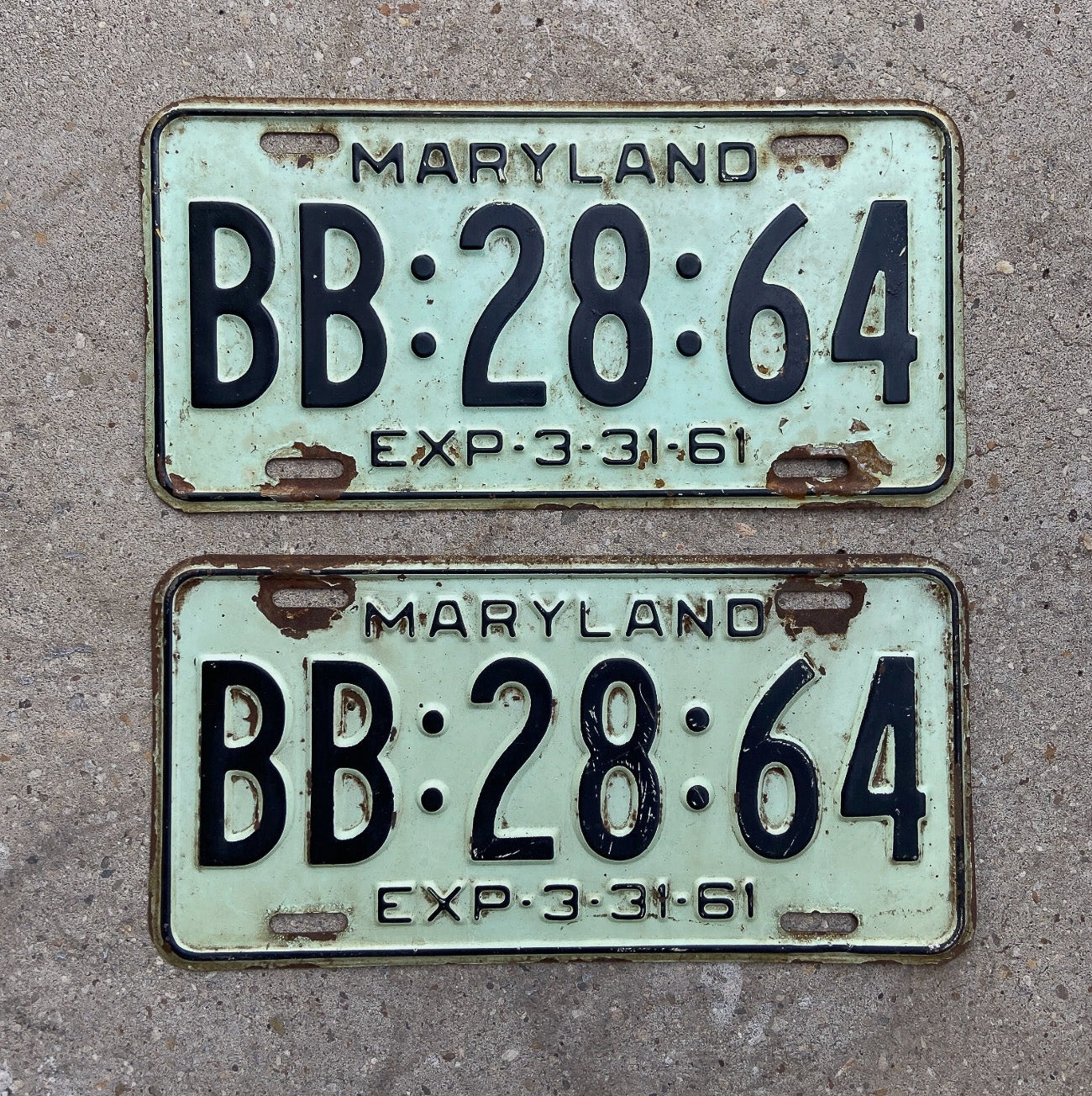 Photo of a 1961 Maryland Boumi Shriners License Plate Pair Auto Tag Garage Decor Vintage BB 28 64 with original patina