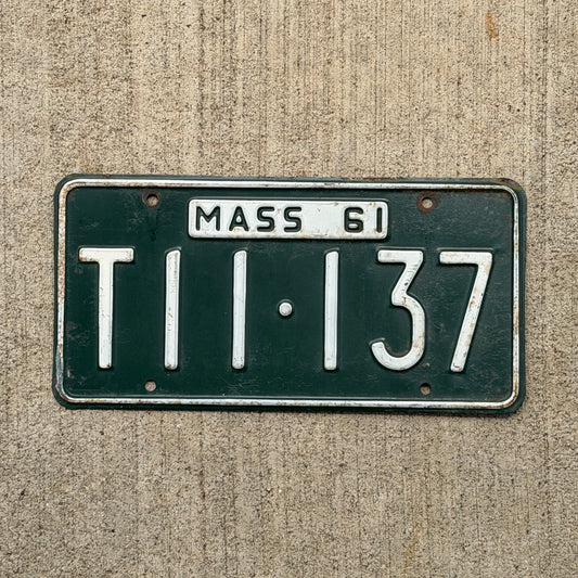 Photo of a 1961 Massachusetts Trailer License Plate Auto Tag Garage Decor Vintage Repeat Repeating T11 137 with original patina