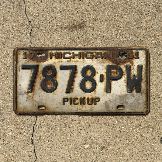 Photo of a 1961 Michigan Truck License Plate Auto Tag Garage Decor Vintage Pickup 7878 PW with original patina