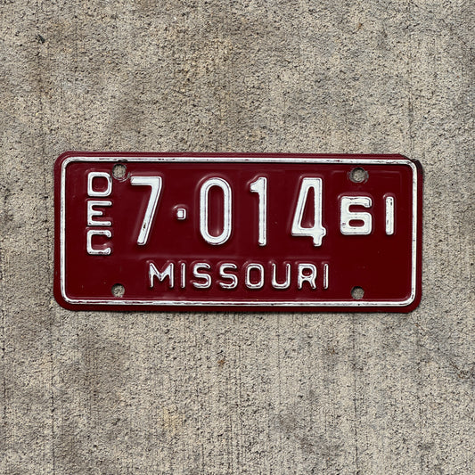 Photo of a 1961 Missouri Motorcycle License Plate Auto Tag Garage Decor Vintage 7 014 with original patina