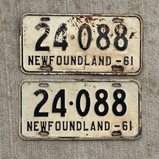 Photo of a 1961 Newfoundland License Plate Pair Auto Tag Garage Decor Vintage 24 088 with original patina