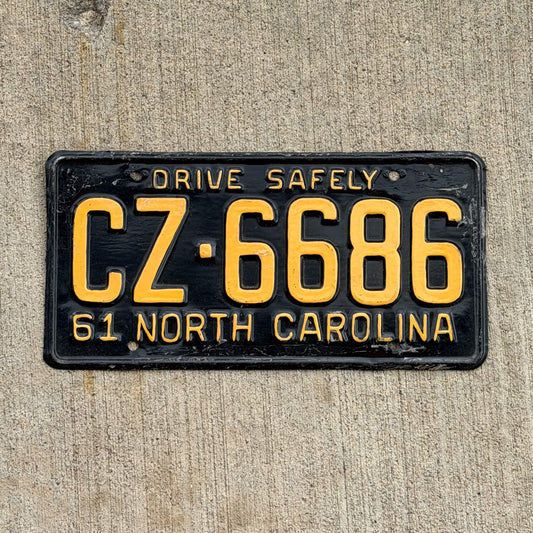 Photo of a 1961 North Carolina License Plate Auto Tag Garage Decor Vintage CZ 6686 with original patina