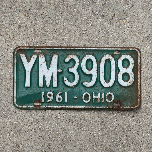 Photo of a 1961 Ohio License Plate Auto Tag Garage Decor Vintage YM 3908 with original patina