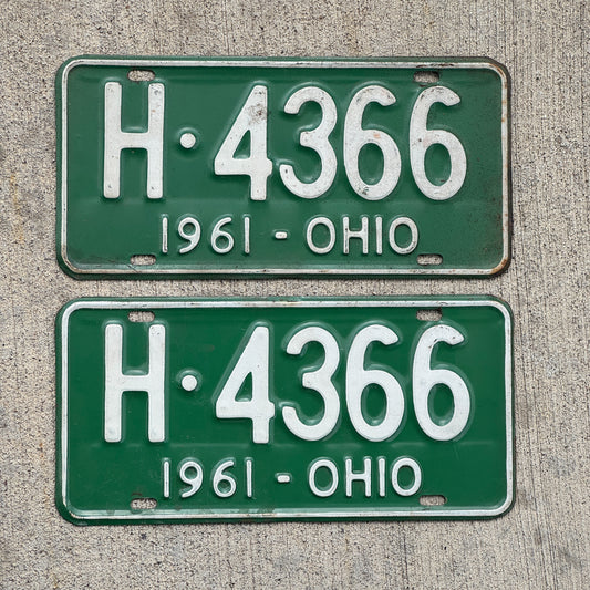 Photo of a 1961 Ohio License Plate Pair Auto Tag Garage Decor Vintage H 4366 with original patina