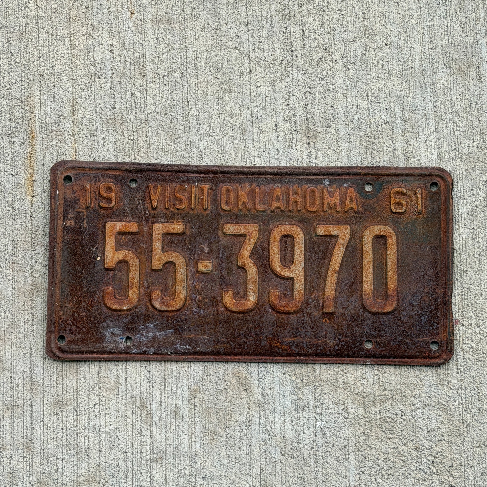 Photo of a 1961 Oklahoma License Plate Auto Tag Garage Decor Vintage 55 3970 with original patina