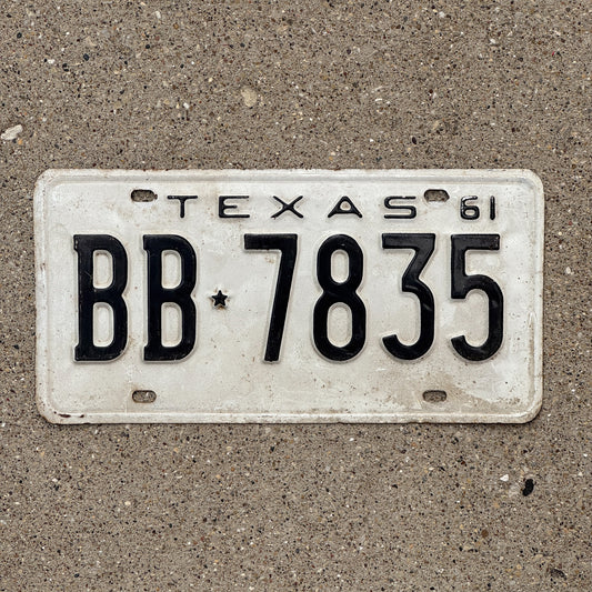 Photo of a 1961 Texas License Plate Auto Tag Garage Decor Vintage BB 7835 with original patina