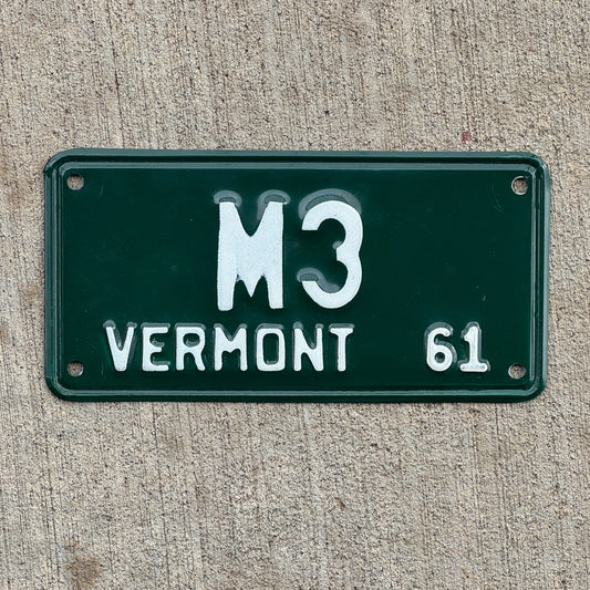 Photo of a 1961 Vermont Motorcycle License Plate Auto Tag 1 Vintage Garage Low Number Single Digit M 3 with original patina