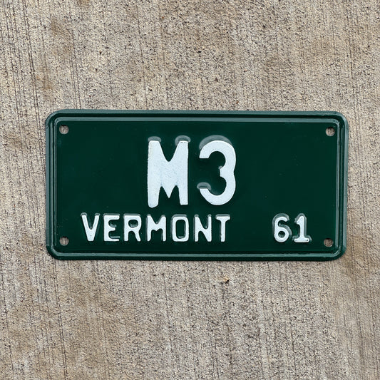 Photo of a 1961 Vermont Motorcycle License Plate Auto Tag 2 Vintage Garage Low Number Single Digit M 3 with original patina
