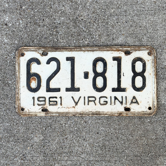 Photo of a 1961 Virginia License Plate Auto Tag Garage Decor Vintage 621 818 with original patina