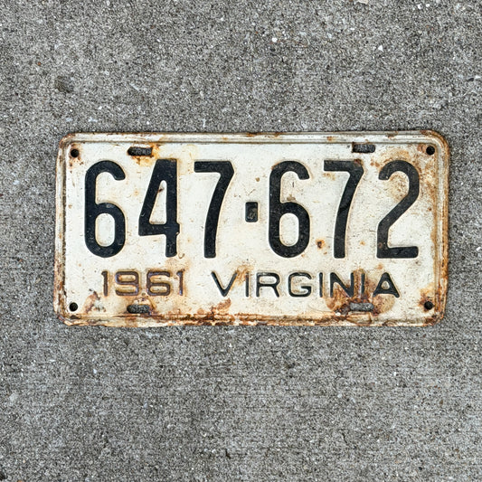Photo of a 1961 Virginia License Plate Auto Tag Garage Decor Vintage 647 672 with original patina
