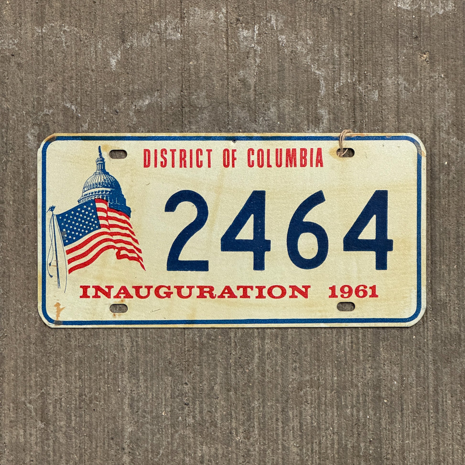 Photo of a 1961 Washington DC Inaugural License Plate Auto Tag 1 Vintage Garage Kennedy JFK Inauguration Politics Political 2464 with original patina