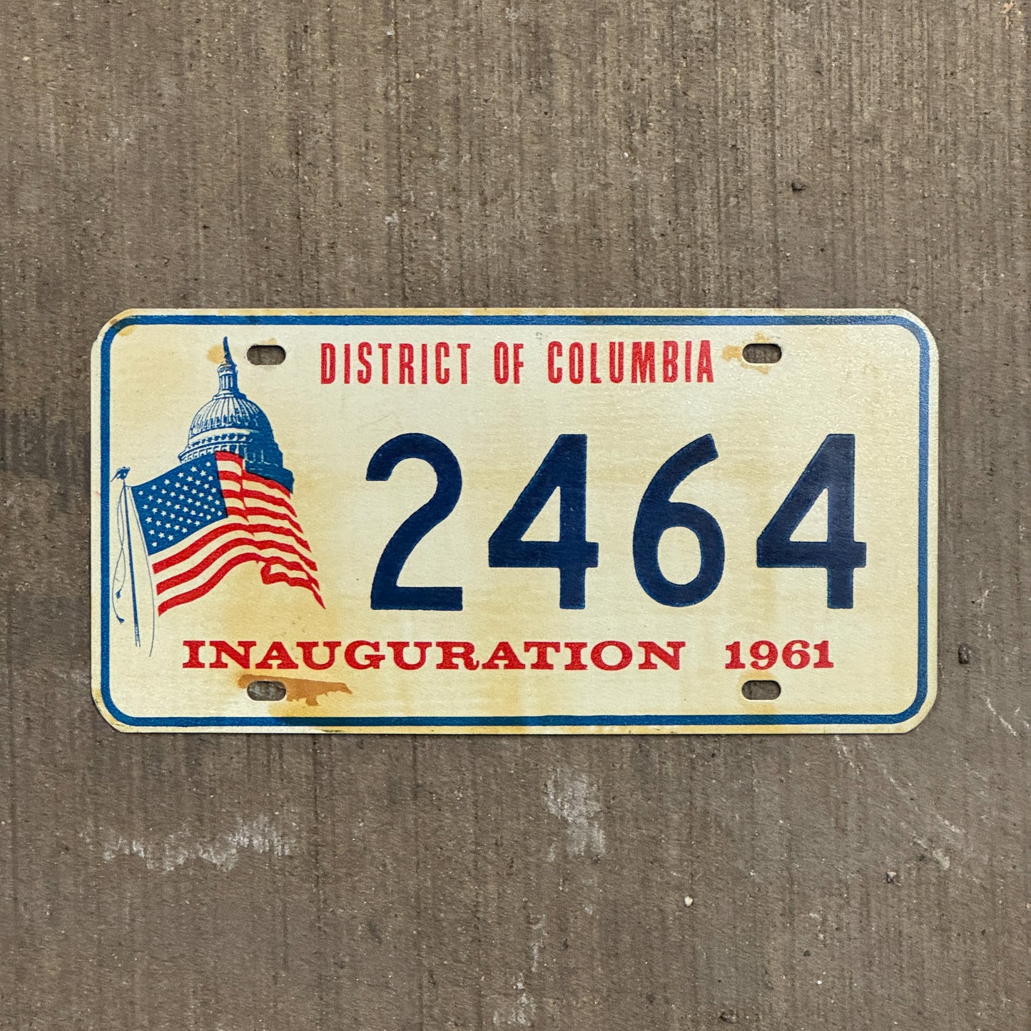 Photo of a 1961 Washington DC Inaugural License Plate Auto Tag 2 Vintage Garage Kennedy JFK Inauguration Politics Political 2464 with original patina