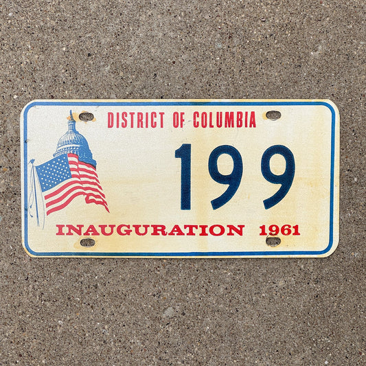 Photo of a 1961 Washington DC Inaugural License Plate Auto Tag Garage Decor Vintage JFK Kennedy Politics Political Low Number Three Digit 199 with original patina