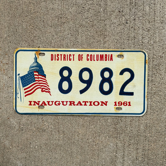 Photo of a 1961 Washington DC Inaugural License Plate Auto Tag Garage Decor Vintage Kennedy JFK Inauguration Politics Political 8982 with original patina