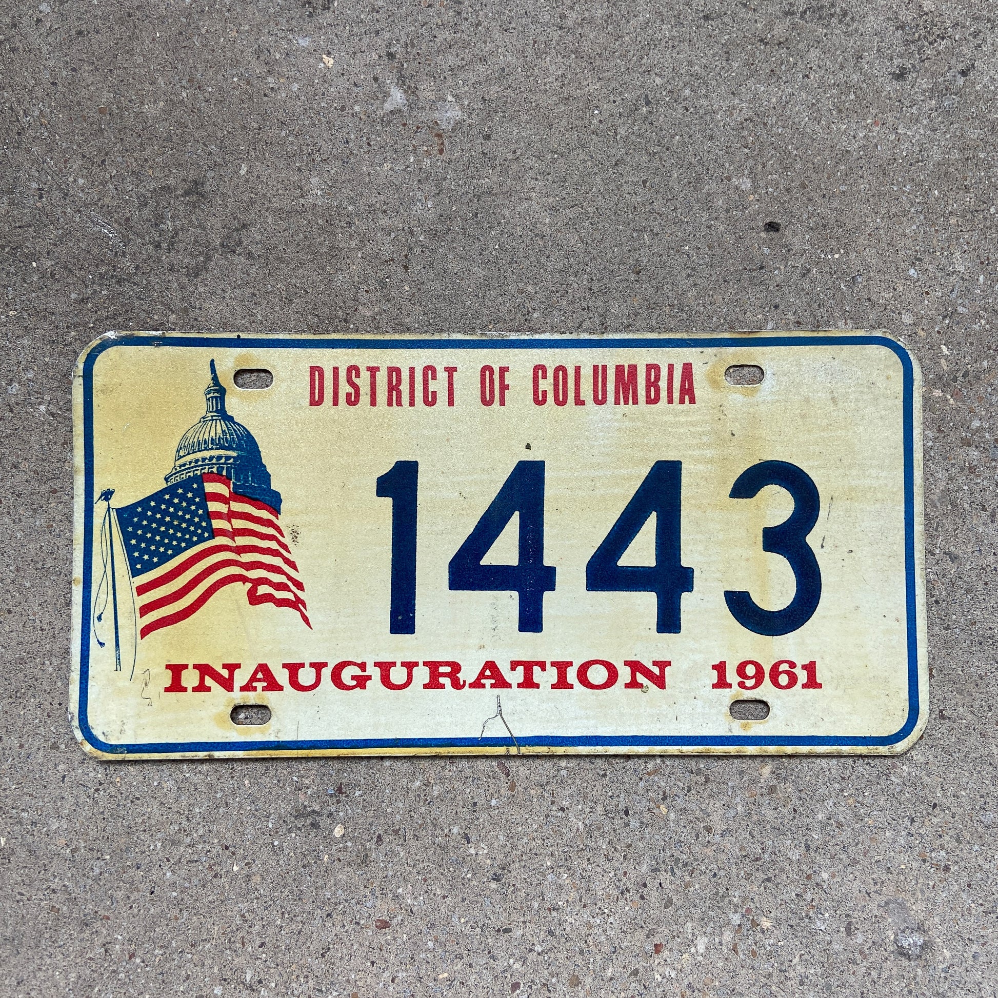 Photo of a 1961 Washington DC Inaugural License Plate Auto Tag Garage Decor Vintage Politics Political Kennedy JFK Inauguration 1443 with original patina