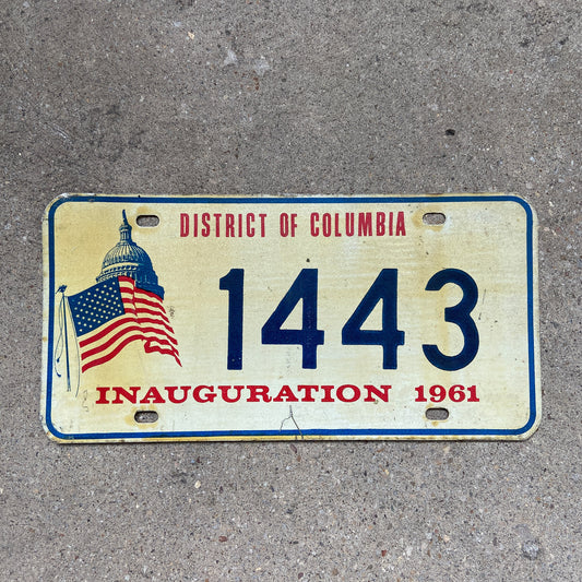 Photo of a 1961 Washington DC Inaugural License Plate Auto Tag Garage Decor Vintage Politics Political Kennedy JFK Inauguration 1443 with original patina