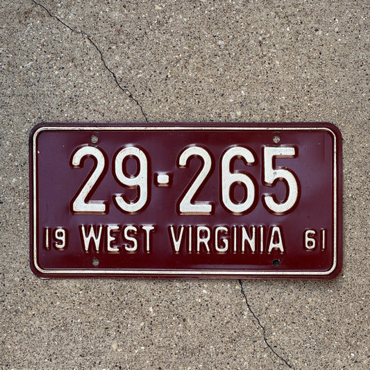 Photo of a 1961 West Virginia License Plate Auto Tag Garage Decor Vintage 29 265 with original patina