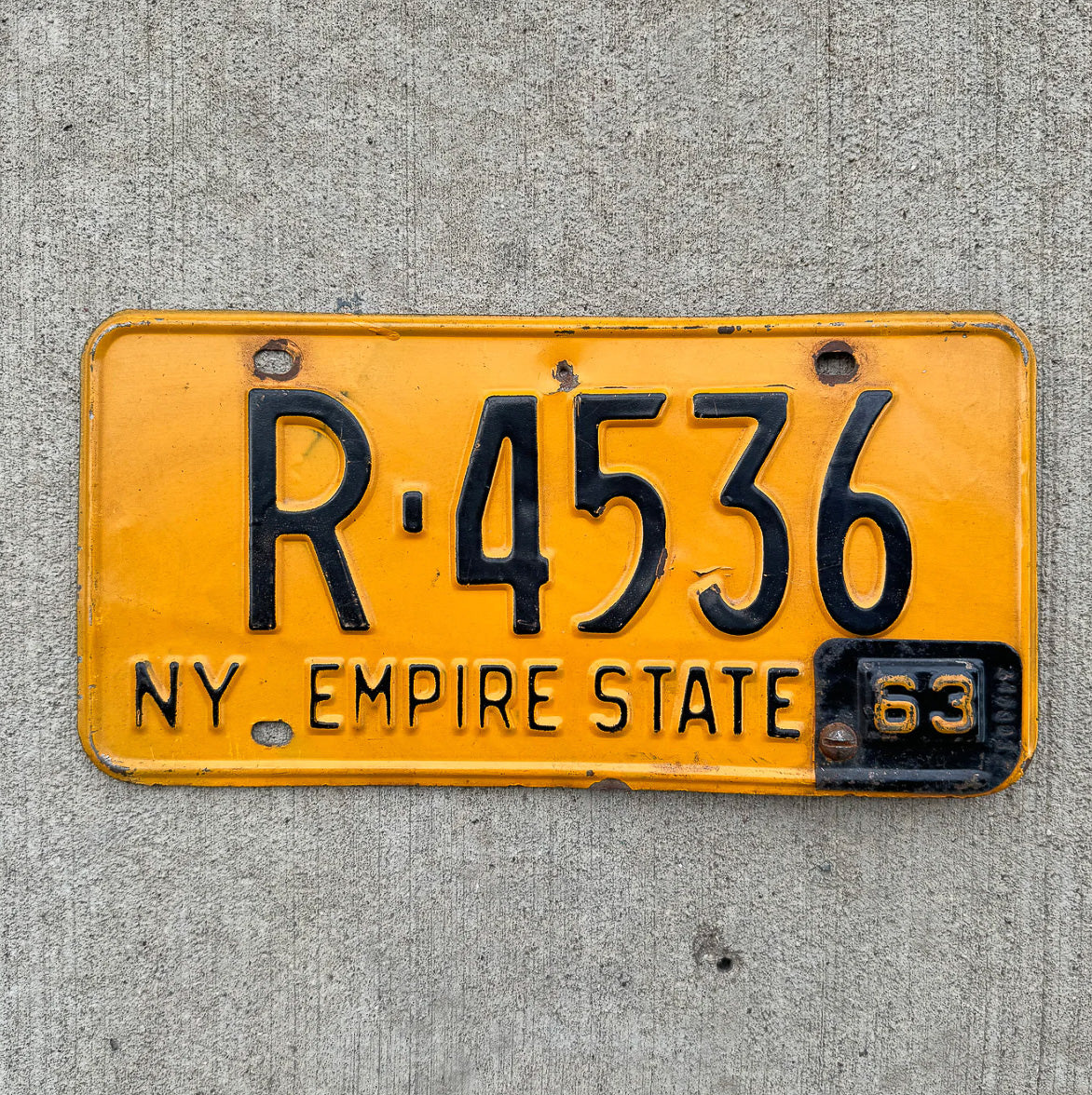 Photo of a 1962 1963 New York License Plate Auto Tag Garage Decor Vintage R 4536 with original patina