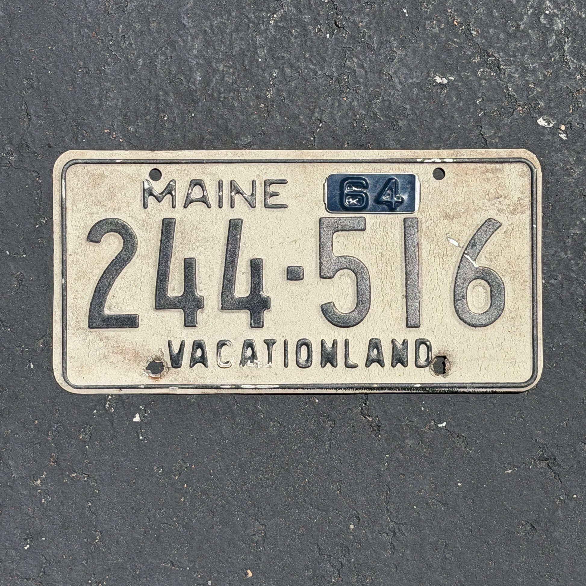 Photo of a 1962 1964 Maine License Plate Auto Tag Garage Decor Vintage 244 516 with original patina