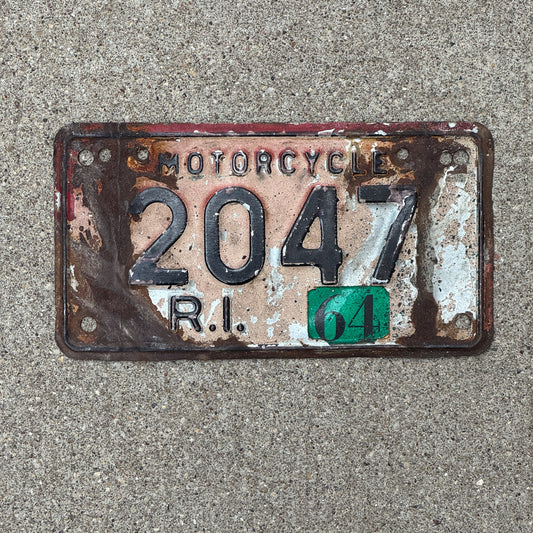 Photo of a 1962 1964 Rhode Island Motorcycle License Plate Auto Tag Garage Decor Vintage 2047 with original patina