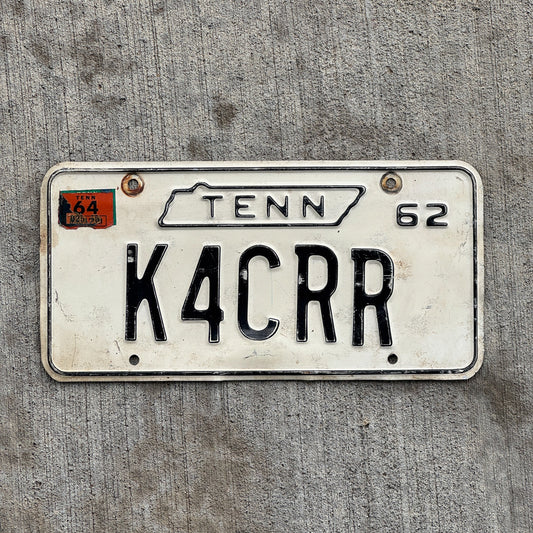 Photo of a 1962 1964 Tennessee HAM Radio License Plate Auto Tag Garage Decor Vintage K4CRR with original patina