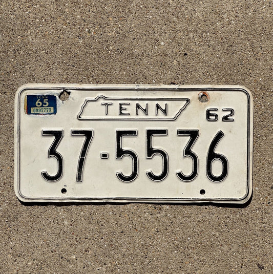 Photo of a 1962 1965 Tennessee License Plate Auto Tag Garage Decor Vintage 37 5536 with original patina