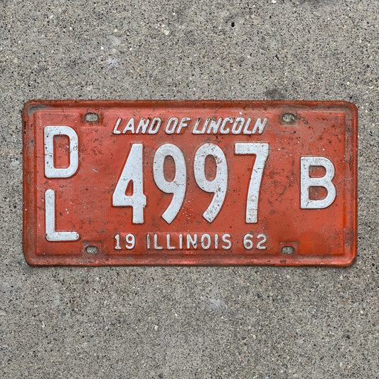 Photo of a 1962 Illinois Dealer License Plate Auto Tag Garage Decor Vintage 4997 B with original patina