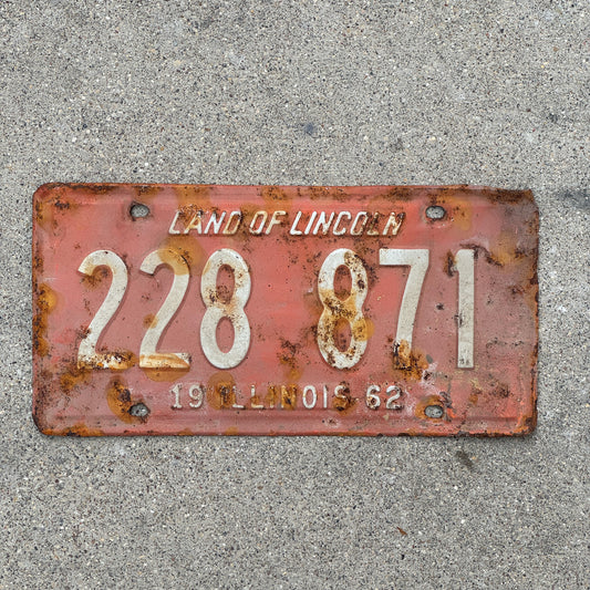 Photo of a 1962 Illinois License Plate Auto Tag 1 Vintage Garage 228 871 with original patina