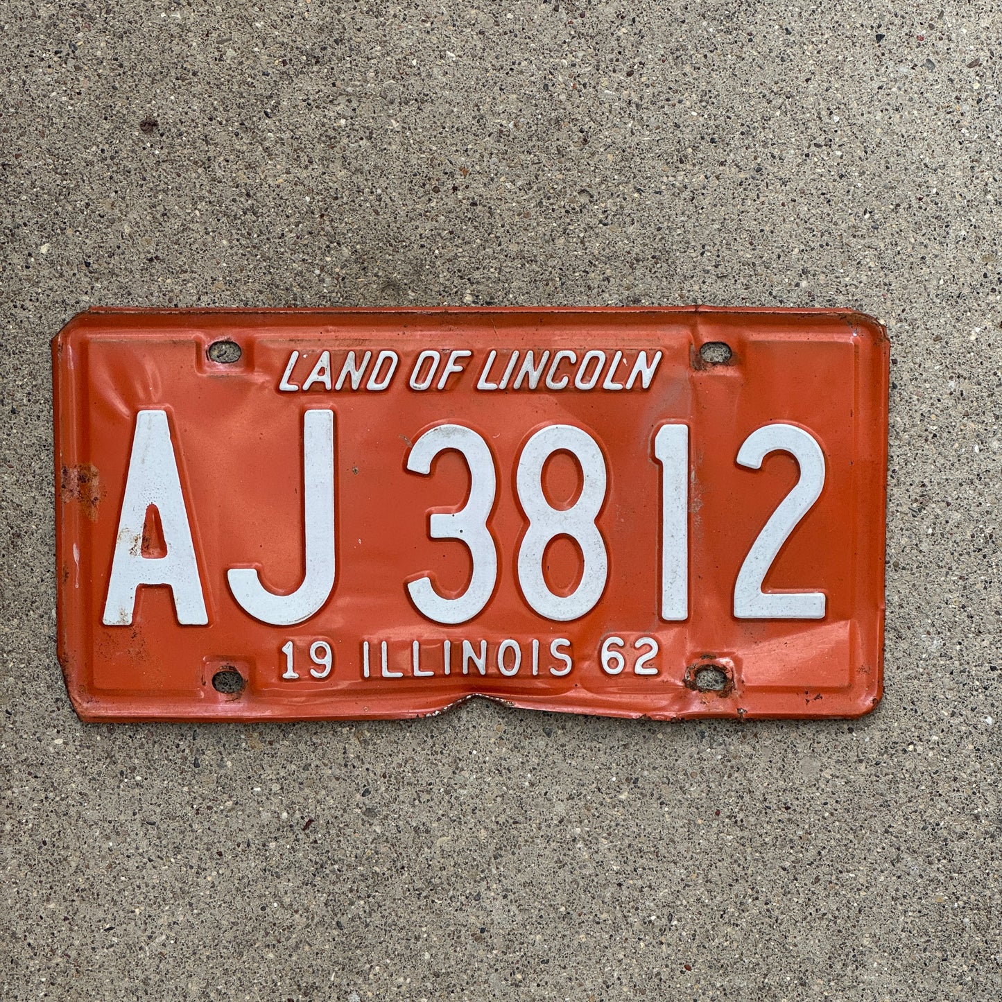 Photo of a 1962 Illinois License Plate Auto Tag 1 Vintage Garage AJ 3812 with original patina
