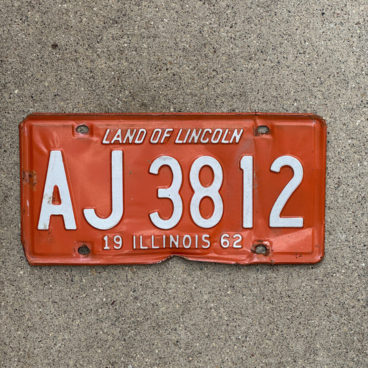 Photo of a 1962 Illinois License Plate Auto Tag 1 Vintage Garage AJ 3812 with original patina