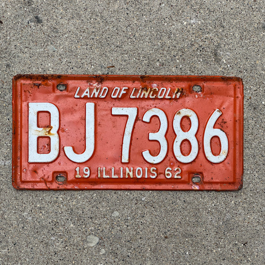 Photo of a 1962 Illinois License Plate Auto Tag 1 Vintage Garage BJ 7386 with original patina