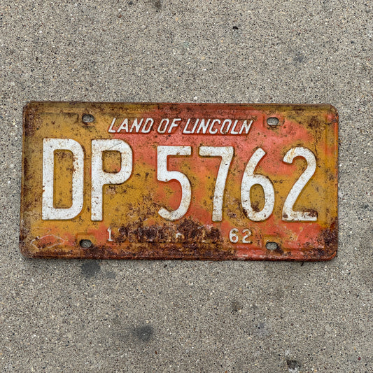 Photo of a 1962 Illinois License Plate Auto Tag 1 Vintage Garage DP 5762 with original patina