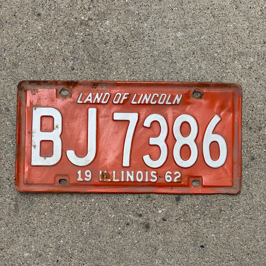 Photo of a 1962 Illinois License Plate Auto Tag 2 Vintage Garage BJ 7386 with original patina