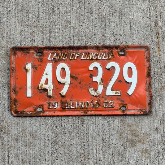 Photo of a 1962 Illinois License Plate Auto Tag Garage Decor Vintage 149 329 with original patina
