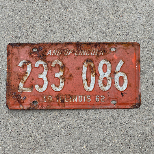 Photo of a 1962 Illinois License Plate Auto Tag Garage Decor Vintage 233 086 with original patina