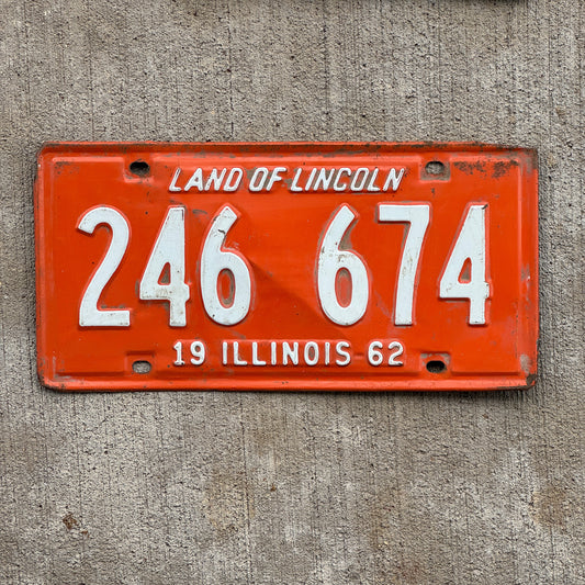Photo of a 1962 Illinois License Plate Auto Tag Garage Decor Vintage 246 674 with original patina