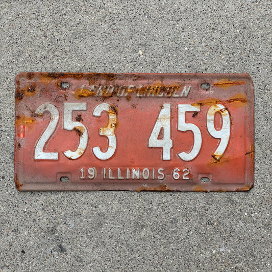 Photo of a 1962 Illinois License Plate Auto Tag Garage Decor Vintage 253 459 with original patina