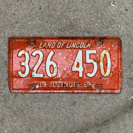 Photo of a 1962 Illinois License Plate Auto Tag Garage Decor Vintage 326 450 with original patina