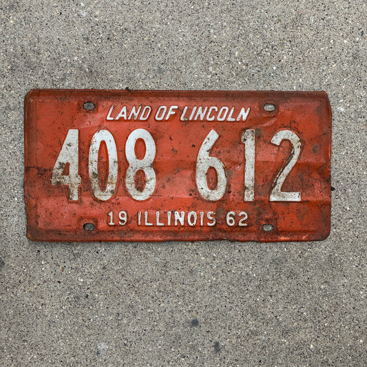 Photo of a 1962 Illinois License Plate Auto Tag Garage Decor Vintage 408 612 with original patina