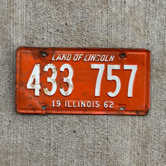 Photo of a 1962 Illinois License Plate Auto Tag Garage Decor Vintage 433 757 with original patina