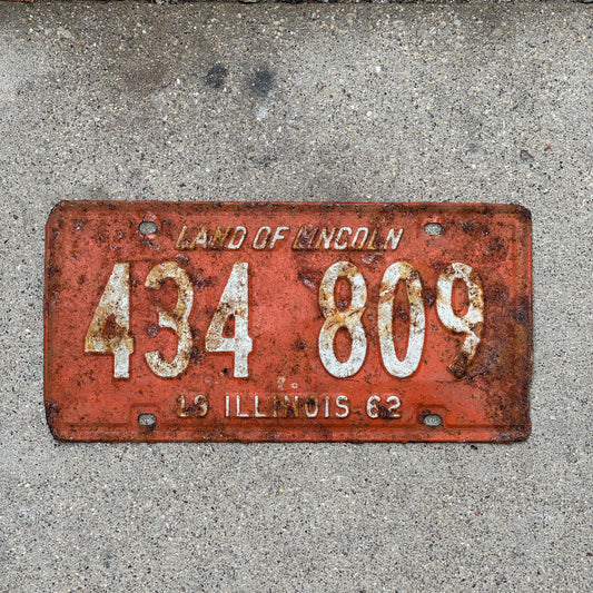 Photo of a 1962 Illinois License Plate Auto Tag Garage Decor Vintage 434 809 with original patina