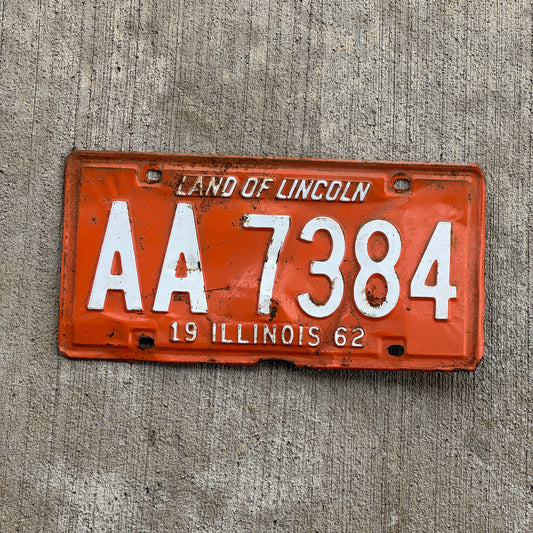 Photo of a 1962 Illinois License Plate Auto Tag Garage Decor Vintage AA 7384 with original patina