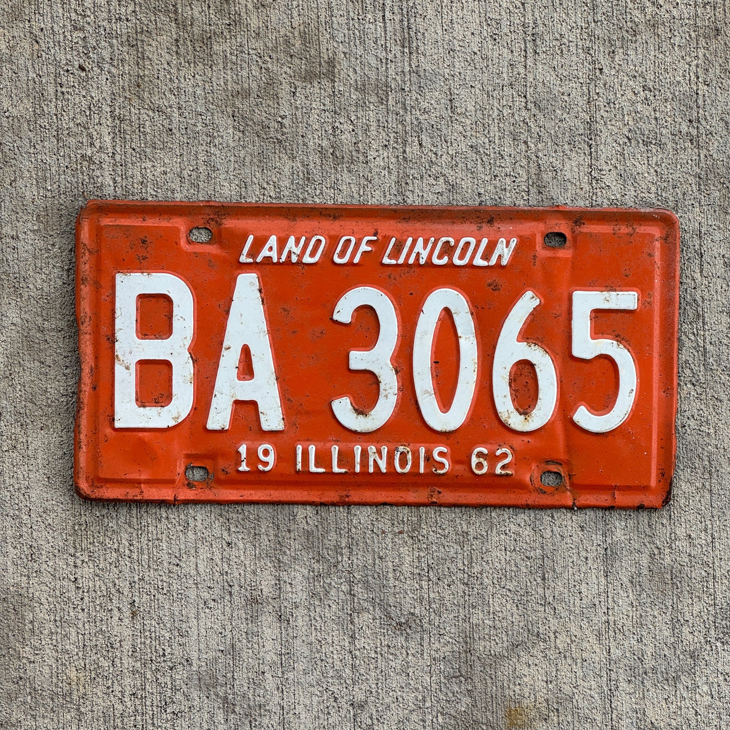 Photo of a 1962 Illinois License Plate Auto Tag Garage Decor Vintage BA 3065 with original patina