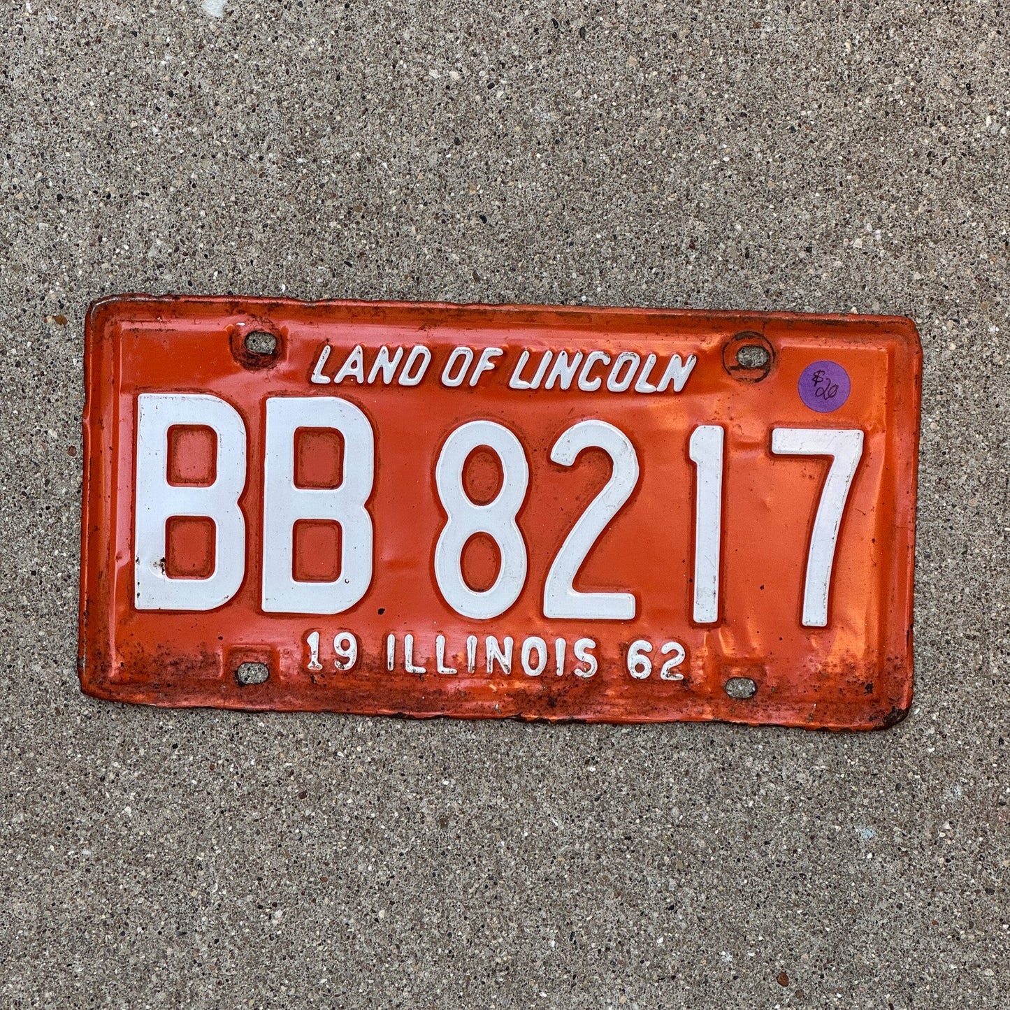 Photo of a 1962 Illinois License Plate Auto Tag Garage Decor Vintage BB 8217 with original patina