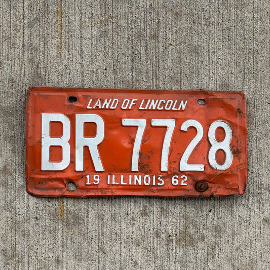Photo of a 1962 Illinois License Plate Auto Tag Garage Decor Vintage BR 7728 with original patina