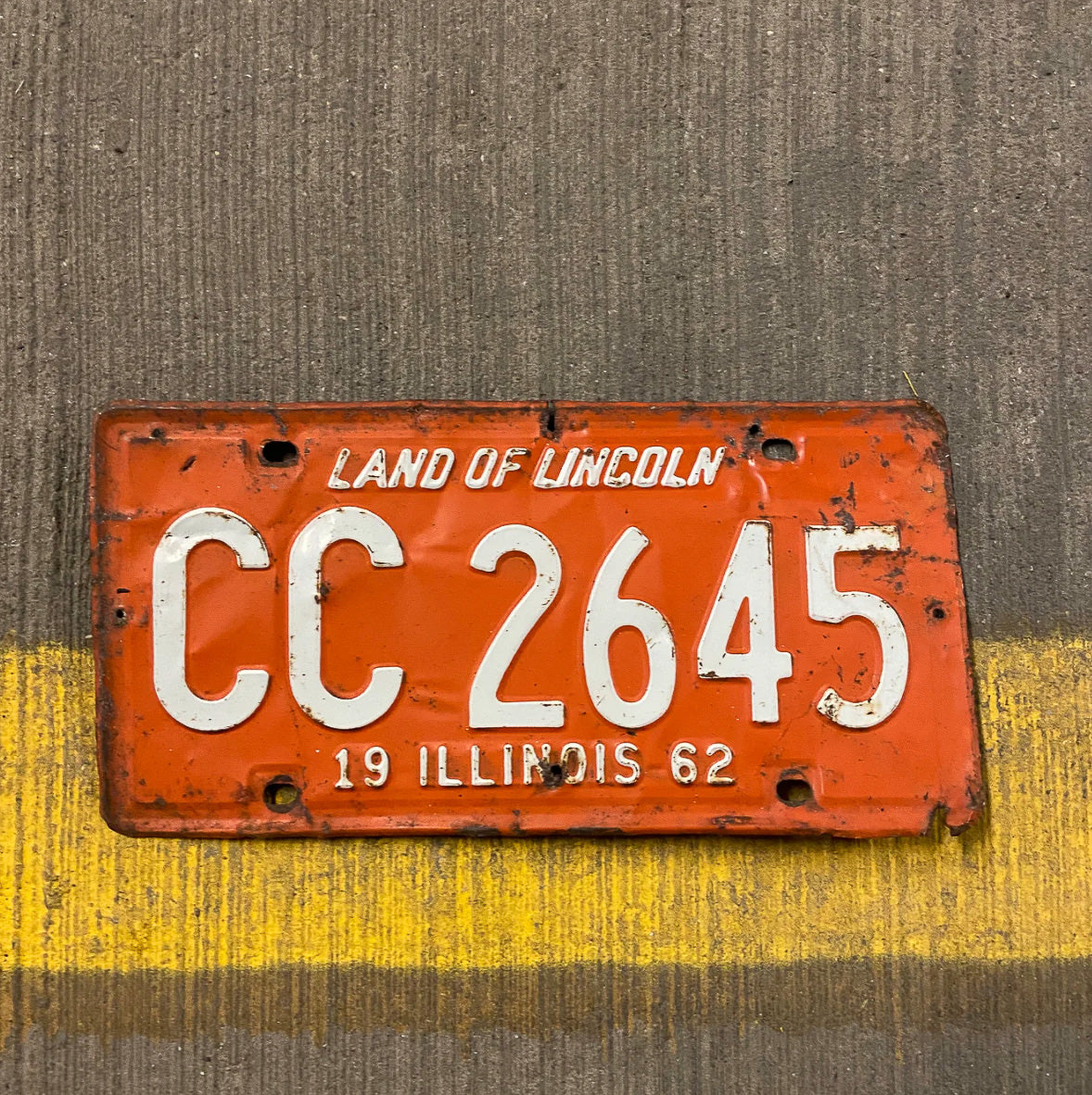 Photo of a 1962 Illinois License Plate Auto Tag Garage Decor Vintage CC 2645 with original patina
